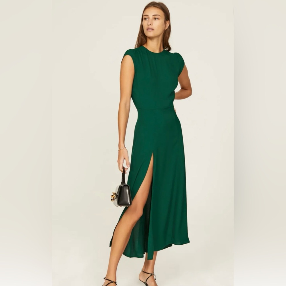 Reformation Emerald Green Cap-Sleeve Slit Midi Dress